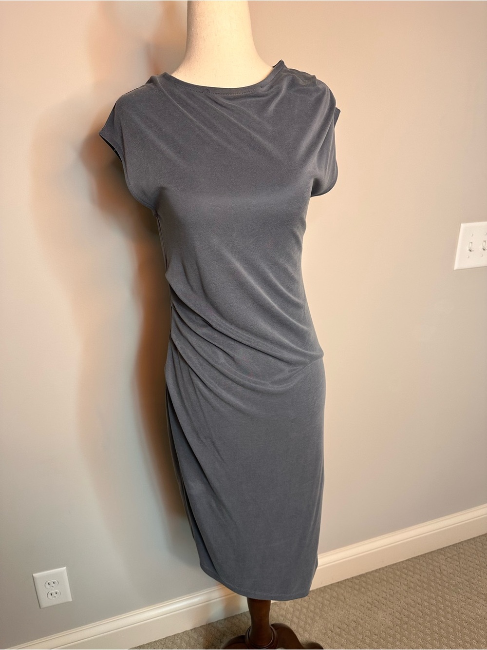 Sz 4 Topshop muted blue ruched cap sleeve high neck midi dress